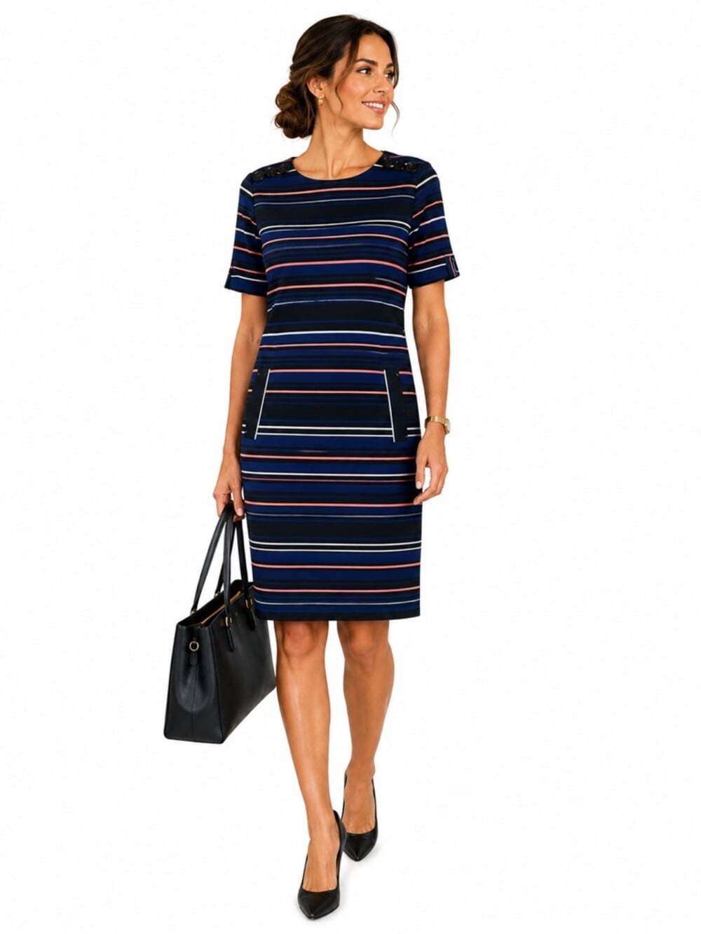 RW&CO Navy Striped Sheath Dress Short Sleeve Pockets Knit Size Small